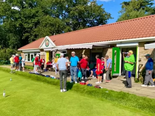 View of Mayfield Park lawn bowling club enjoying a social event at the club